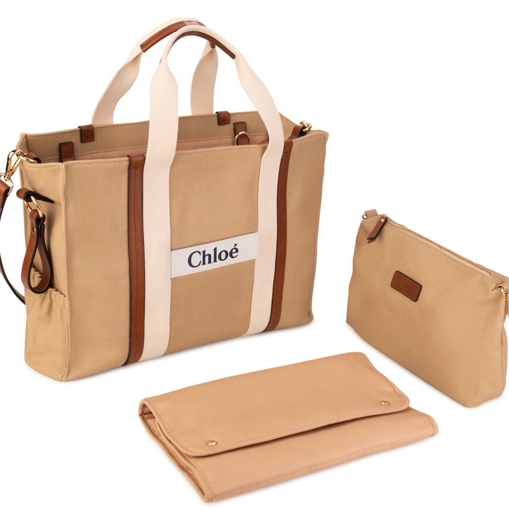 AUTHENTIC Chloé Beige Canvas & Brown Trim Baby Bag Set with Cream Handles